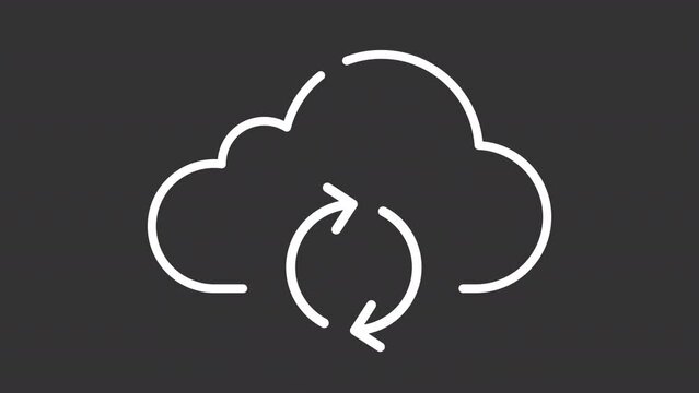 2D white simple thin line animation of cloud backup icon, HD video with transparent background, seamless loop 4K video representing cloud computing.