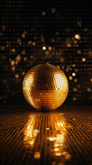 Golden disco ball on the disco floor. Dark sparkling backround.