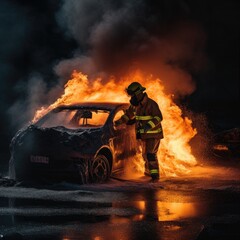 A fireman extinguishes a burning car. the car is on fire. man in uniform. flame and danger