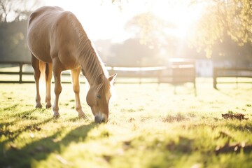 horse grazing in paddock with sun flare - obrazy, fototapety, plakaty