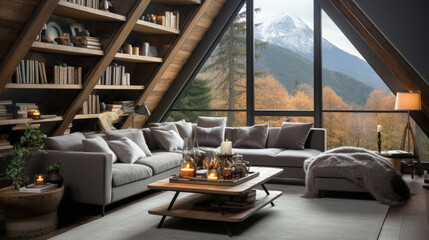 Scandinavian interior design of a modern living room in the attic of a villa overlooking the snowy mountains.	 - obrazy, fototapety, plakaty