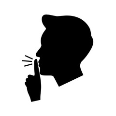 Please be quiet and calm. Shhh gesture icon with man's black face and hands. Finger covering mouth on white background. Vector silhouette.