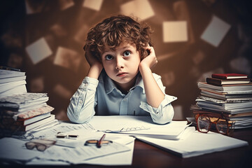 Child, thinking and pen with paper by desk, education and solving a mathematics problem with question. Young student, - obrazy, fototapety, plakaty