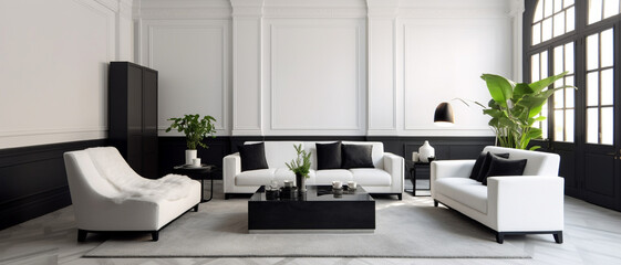 Spacious classic living room in black and white. Interior designed with style 