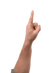Man pointing with index finger on white background, closeup