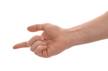 Man pointing with index finger on white background, closeup
