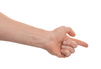 Man pointing with index finger on white background, closeup