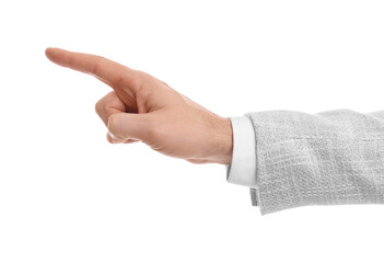 Man pointing with index finger on white background, closeup