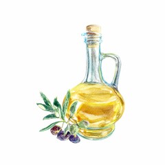 Olive oil in a glass bottle, olive branch. Watercolor illustration isolated on white background. Labels, packaging, covers, menu, cosmetic products.
