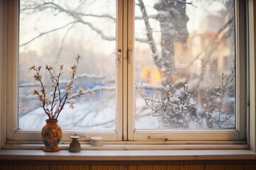 frosty window with soft focus trees behind