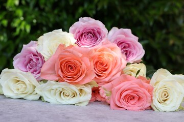 Obraz na płótnie Canvas Beautiful bouquet of roses on light grey table outdoors, closeup