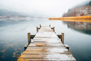 a weathered wooden dock jutting into a frosted lake - obrazy, fototapety, plakaty