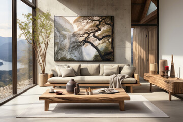 The interior of a modern living room with panoramic windows, a sofa, pieces of furniture in beige and brown tones, a minimalist Scandinavian interior.