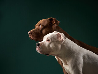 Two American Staffordshire Terriers in harmony, a study of contrast. The rich brown and pure white...