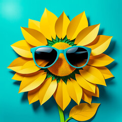 illustration of paper art sunflower with sunglasses on the abstract background.	