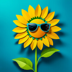 illustration of paper art sunflower with sunglasses on the abstract background.	