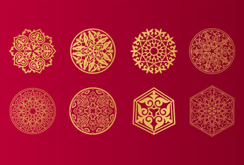 Set of 8 islamic golden ornaments on red background in vector. Circular ornamental arabic symbols. Abstract Asian elements of the national pattern of the ancient nomads of the Kazakhs, Tatars, Kyrgyz - obrazy, fototapety, plakaty
