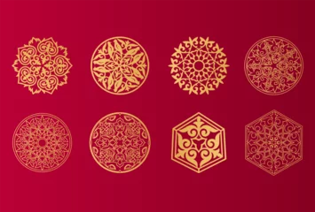 Foto op Plexiglas Set of 8 islamic golden ornaments on red background in vector. Circular ornamental arabic symbols. Abstract Asian elements of the national pattern of the ancient nomads of the Kazakhs, Tatars, Kyrgyz © marlenkenbayev