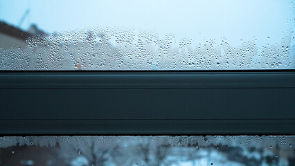 Condensation on window glass in frosty winter weather. Pink background in the form of small drops...