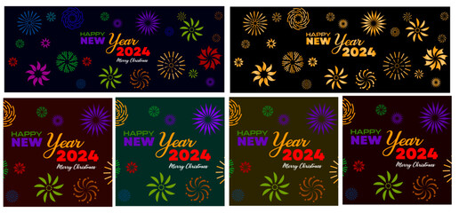 Fototapeta na wymiar Colorful fireworks 2024 New Year vector illustration, bright on dark blue background, text Happy New Year. Flat style abstract, geometric design. 