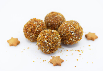 Homemade honey balls with nuts - delicious energy protein sweets, white background
