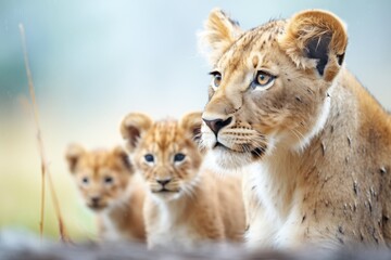 Fototapeta premium lioness gazing ahead with cubs by her side