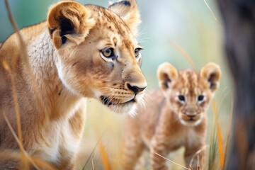 Obraz premium lioness gazing ahead with cubs by her side