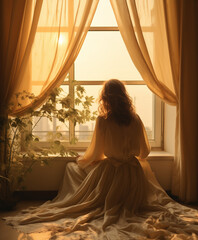 Women sitting in front of window in sunset watching in nature. Golden hour concept.