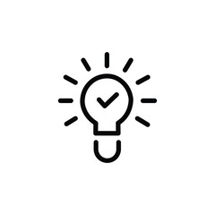 black bulb with checkmark like quick tip icon. flat stroke linear simple trend modern efficiency logotype design element isolated on white. concept of visionary info pictogram or conclusion symbol