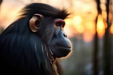 silhouette of a mandrill against a forest sunset