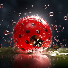 Ladybug with big red ball in splashing wather.