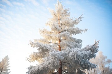frost-covered pine tree with visible breath mist