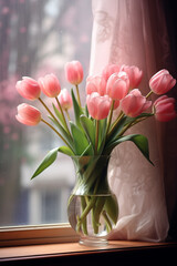 Bouquet of tulips in vase on window. Spring time concept.