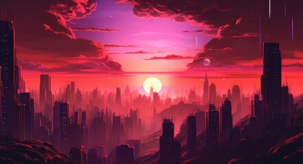 Synth wave retro city landscape background sunset