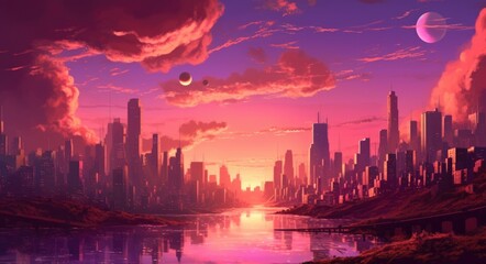 Fototapeta na wymiar Synth wave retro city landscape background sunset