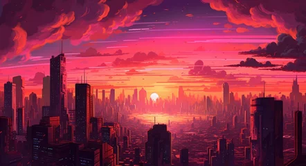 Deurstickers Synth wave retro city landscape background sunset © Marharyta