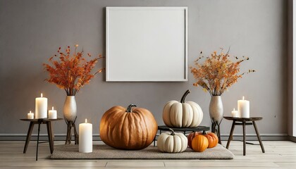 modern living room with natural fall decor pumpkins and candles empty wall mockup generative ai illustration