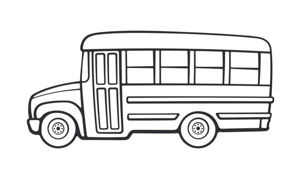 School bus for transporting schoolchildren to school. Vector illustration. Hand drawn Doodle isolated on white background. Outline style drawing