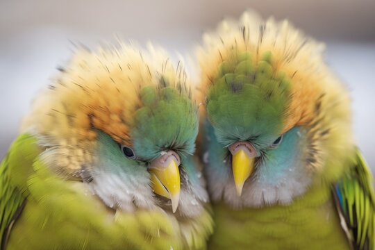close-up: parakeets preening, detailed texture of their plumage