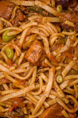 Delicious asian udon dish with vegetables, mushrooms, salt and spices
