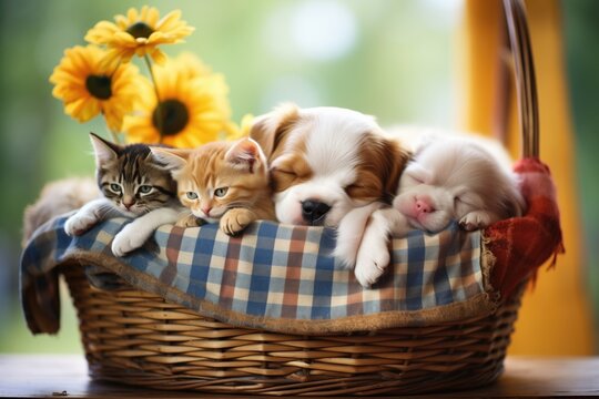 a basket with slumbering kittens and a dozing puppy