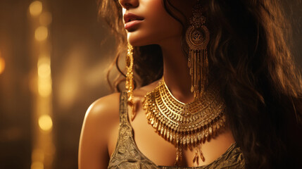Young indian woman wearing gold necklace - obrazy, fototapety, plakaty