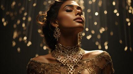 Young indian woman wearing gold necklace