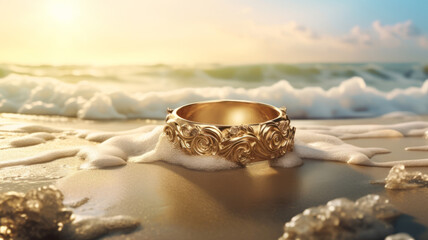Wedding ring on a send in front of the sea background. - obrazy, fototapety, plakaty