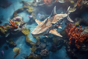 a dead-eyed shark hovering over a reef