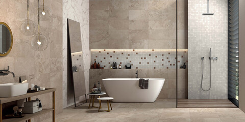 Lavish bathroom interior with glossy brown marble, wooden unique shelf for toiletries next to white bathtub, and a sophisticated light fixture and a basin and huge mirror over it. 3D Rendering - obrazy, fototapety, plakaty