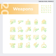 Pixel perfect simple gradient thin line icons set representing weapons, linear illustration.