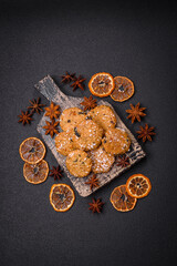 Obraz na płótnie Canvas Delicious sweet round sponge cookies sprinkled with coconut flakes
