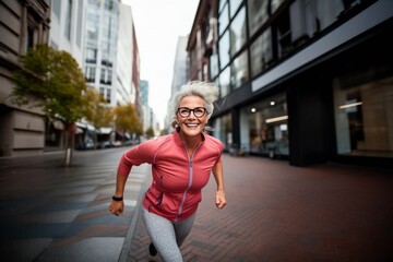An older, athletic woman runs down the street in a noisy area of the city. An atmosphere of joy, freedom and elegance