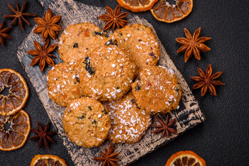 Delicious sweet round sponge cookies sprinkled with coconut flakes
